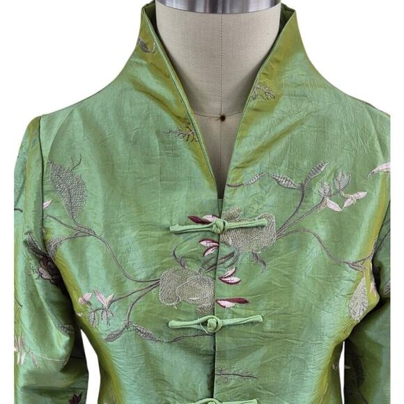 YA LI Asian Green Iridescent Jacket Embroidered Floral Design Fully Lined Sz L - Picture 2 of 7